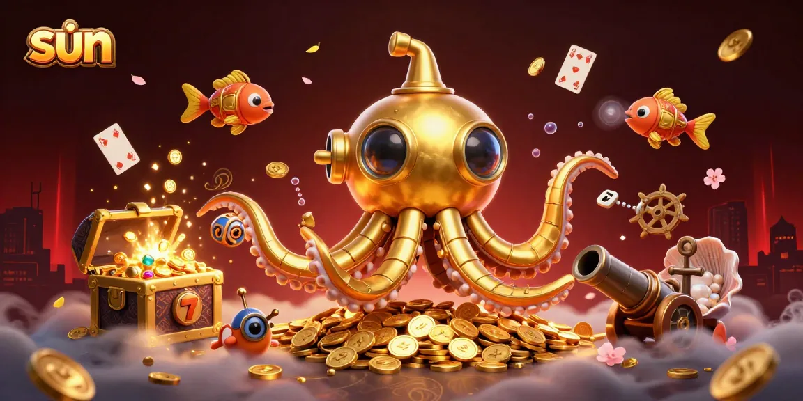 Engage the sun in vibrant slots action with a golden kraken and treasure-filled underwater scene.