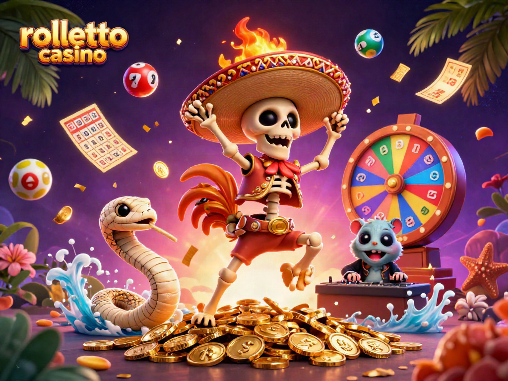 Experience the rolletto casino with vibrant characters and dynamic gaming elements in this colorful 3D illustration.
