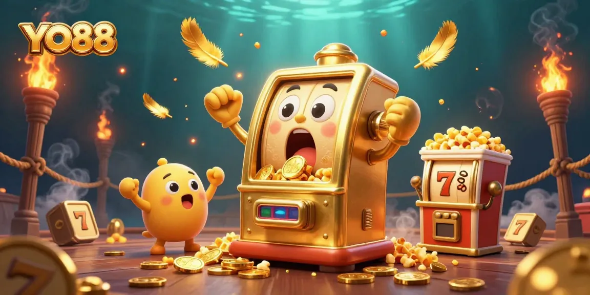 YO88 slot machine hitting a jackpot, with coins pouring and cheering characters in a vibrant casino scene.