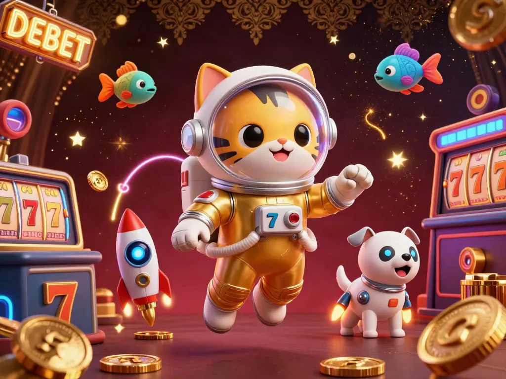 Engage with DEBET's unique online gaming experience featuring casino-themed 3D characters in an explosive space setting.
