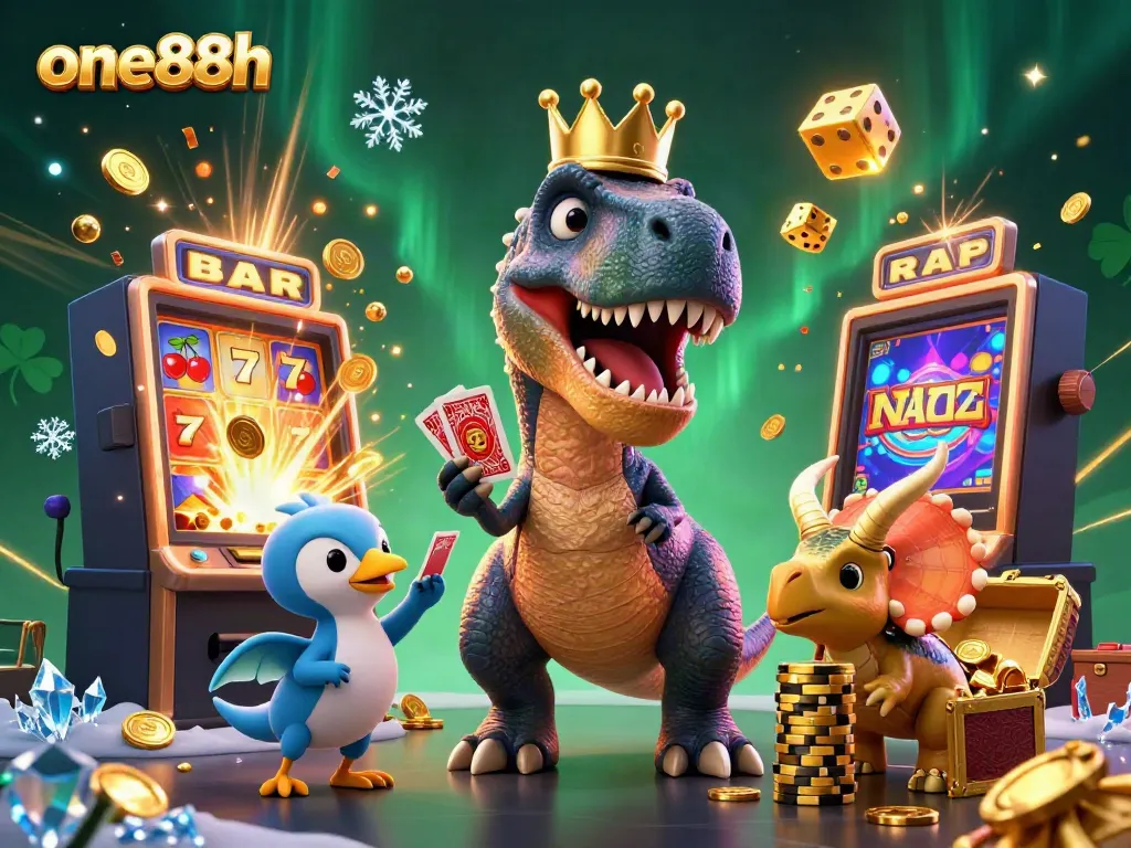 Experience fun at one88h with a T-Rex shuffling cards alongside a playful casino scene.