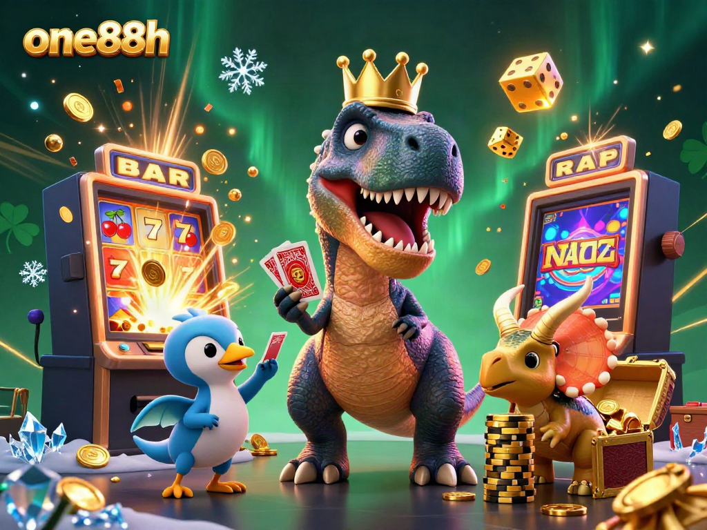 Experience fun at one88h with a T-Rex shuffling cards alongside a playful casino scene.
