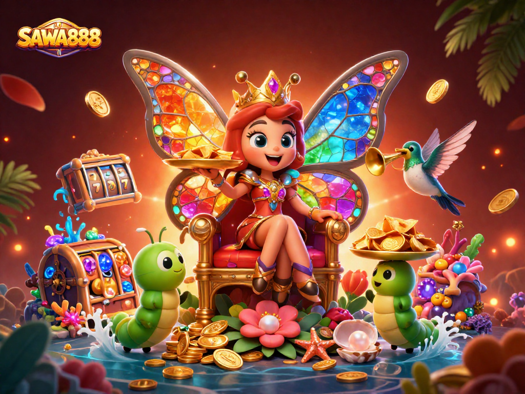Experience the thrill of SAWA888 with vibrant characters and golden treasures in a captivating online casino scene.
