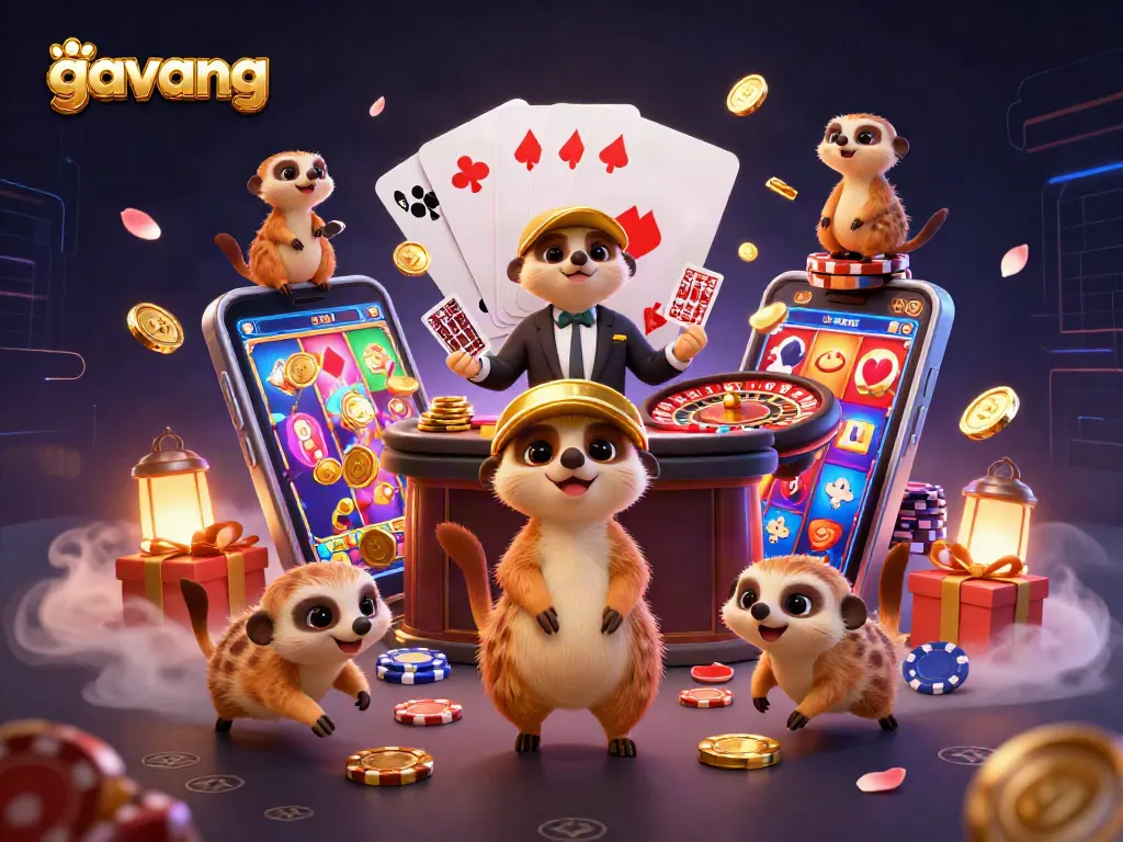 Gavang casino meerkats deal cards amid neon lights and vibrant gaming elements.