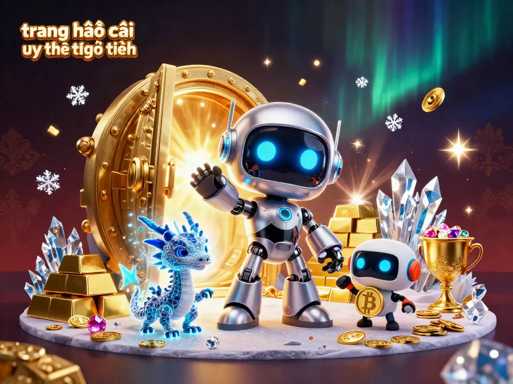 Engaging ultra-detailed 3D illustration for trang nhà cái uy tín trực tuyến featuring vibrant casino elements with robots and treasures.