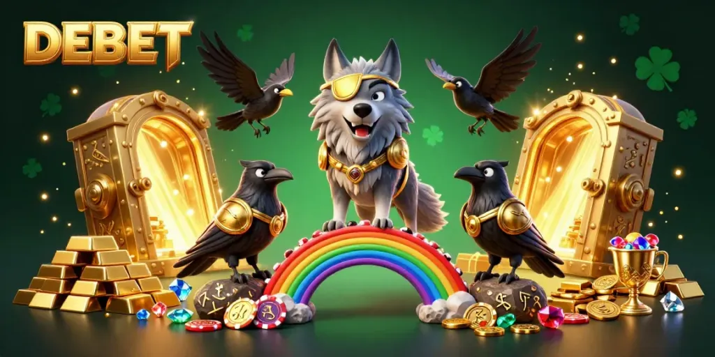 Bet on DEBET with a vibrant 3D Norse mythology scene featuring Odin and ravens among casino elements.