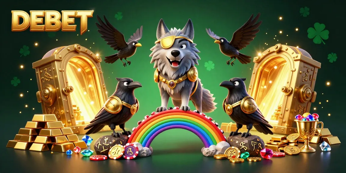 Bet on DEBET with a vibrant 3D Norse mythology scene featuring Odin and ravens among casino elements.