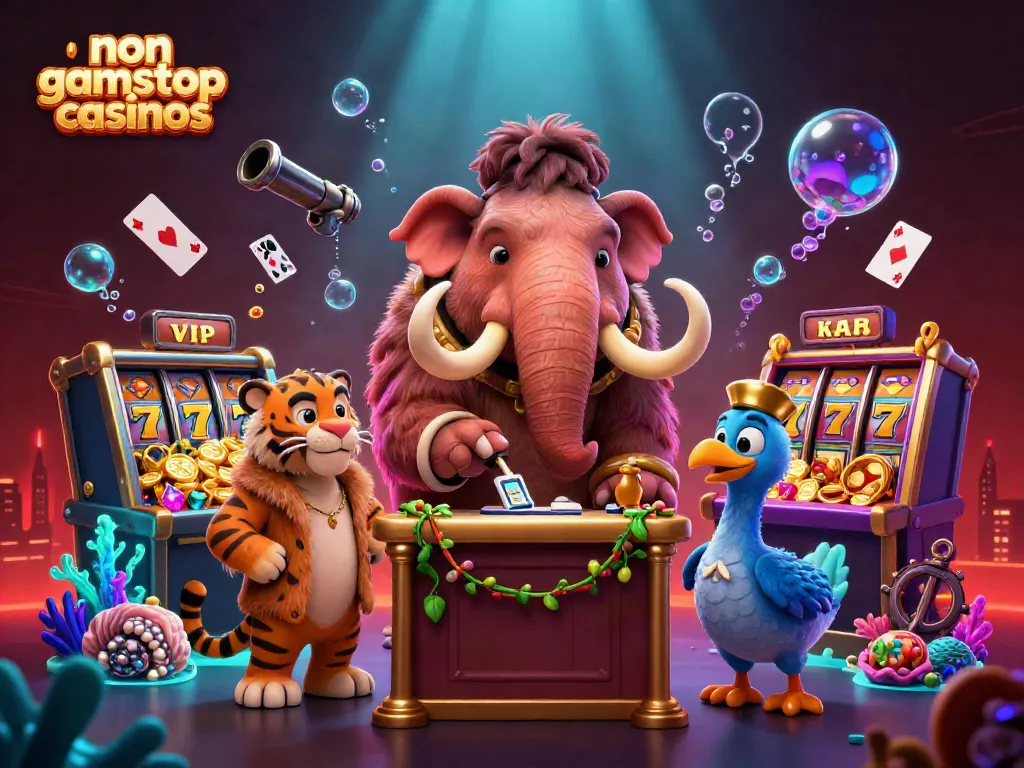 Engaging scene with non gamstop casinos characters interacting in a vibrant decorative casino environment.