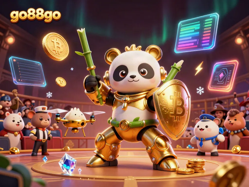Experience the excitement of go88go in a vibrant 3D casino arena with animated characters and cryptocurrencies.