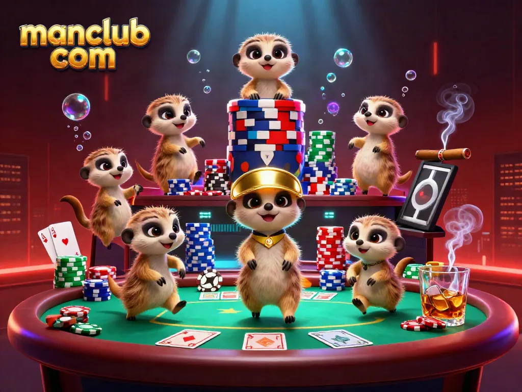 Experience thrilling action at manclub com with meerkats managing a bustling casino atmosphere, poker and vibrant chips.
