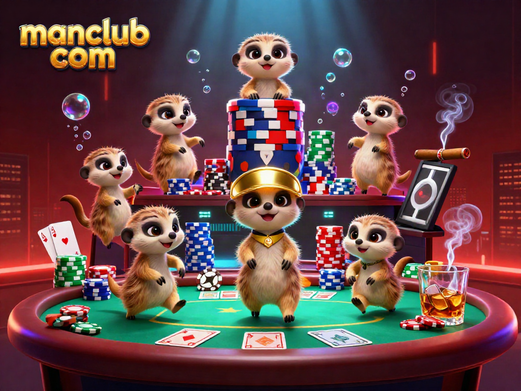 Experience thrilling action at manclub com with meerkats managing a bustling casino atmosphere, poker and vibrant chips.