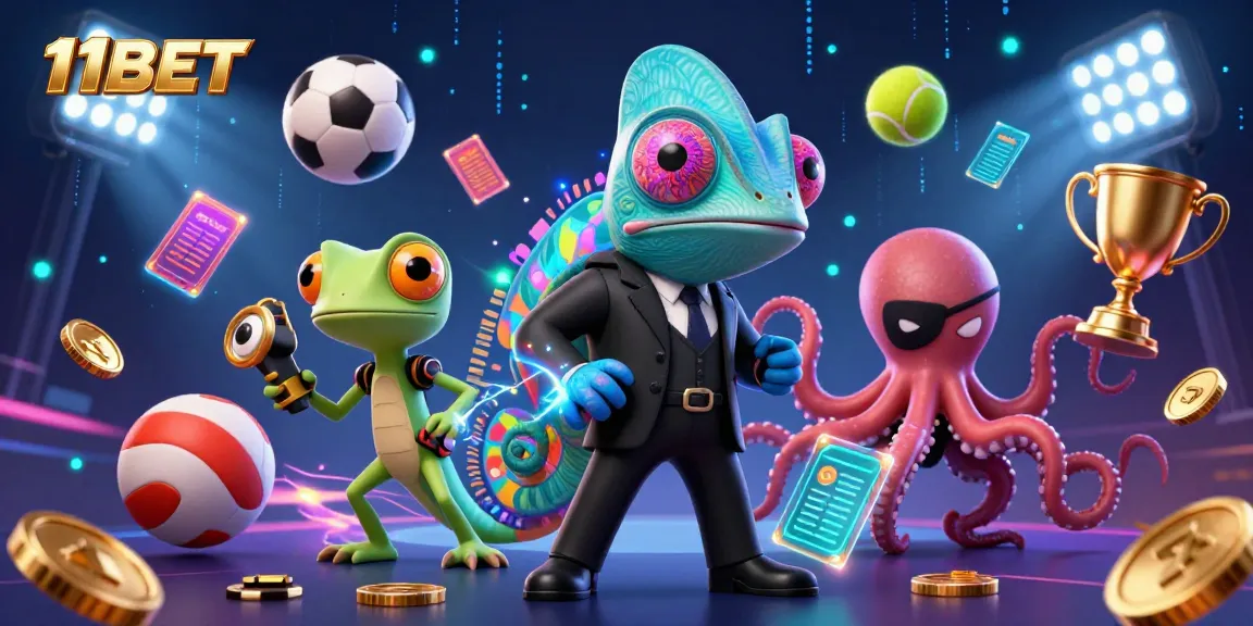 11BET showcases thrilling sports action with cartoon characters and dynamic betting elements.