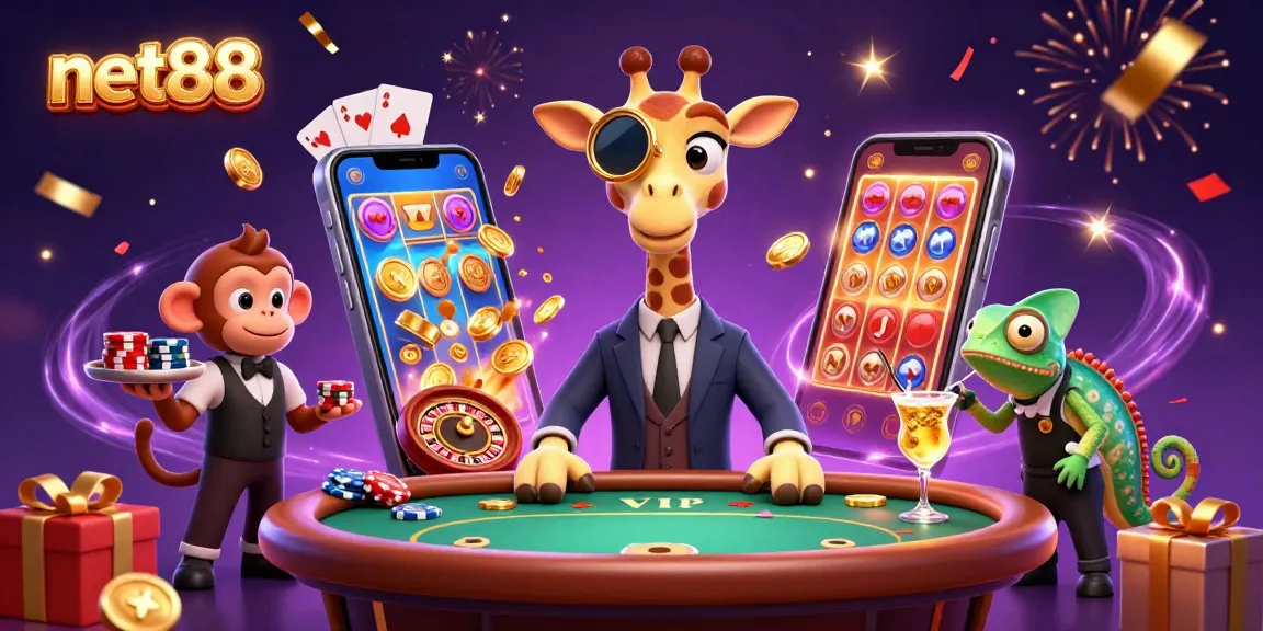 Watch the vibrant net88 casino scene with a high-roller giraffe and monkey valet gaming in style.