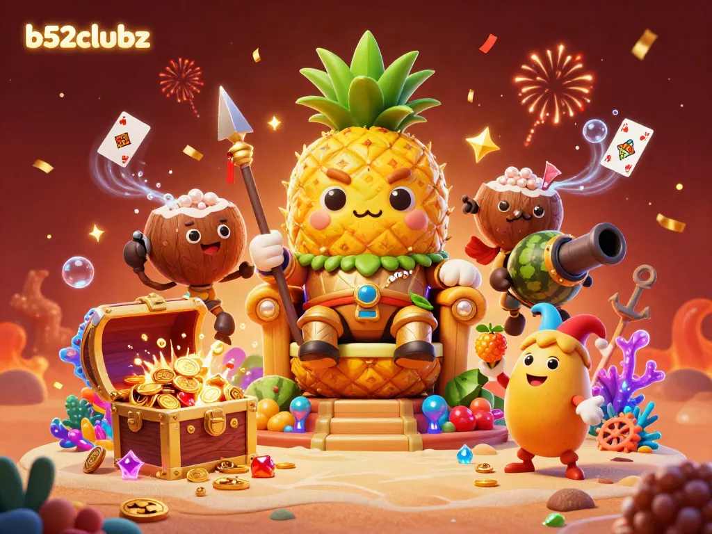 Experience b52clubz with a vibrant beach casino scene featuring a golden pineapple king, joyful jester, and treasure.