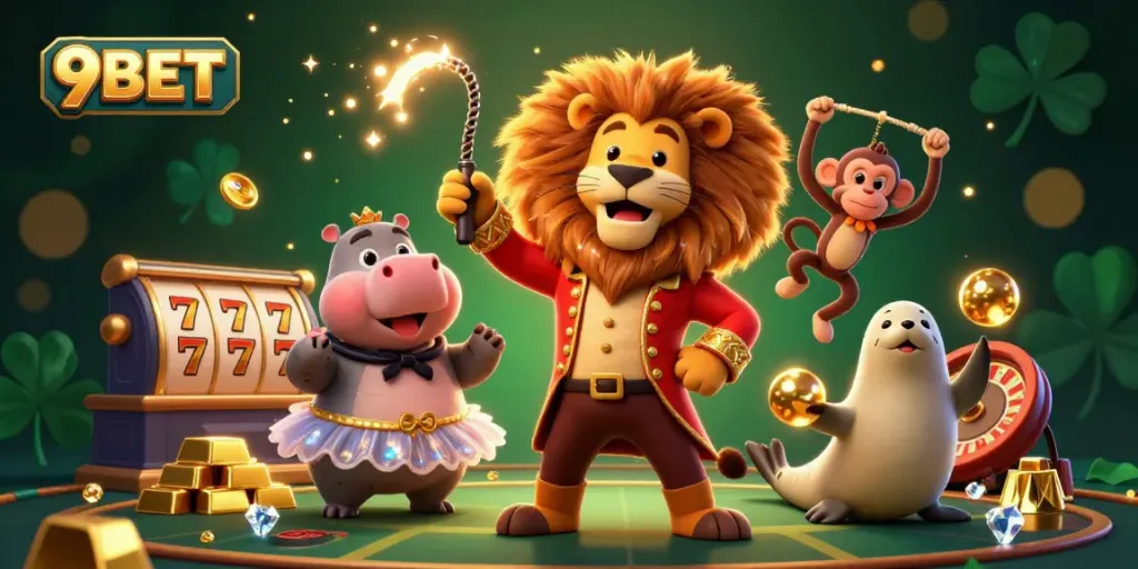 Engage with 9BET's thrilling casino experience through a vibrant 3D illustration featuring lively characters and exciting gambling elements.