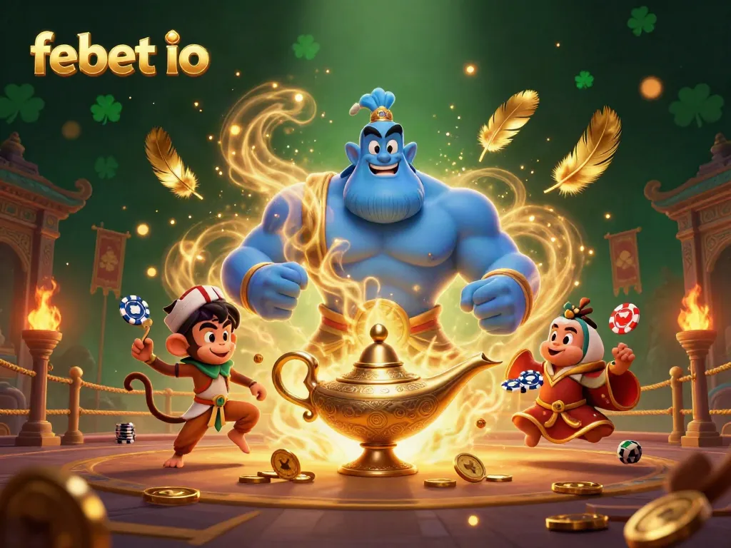 Experience the vibrant charm of febet io with this captivating 3D casino scene featuring a genie and poker chips.