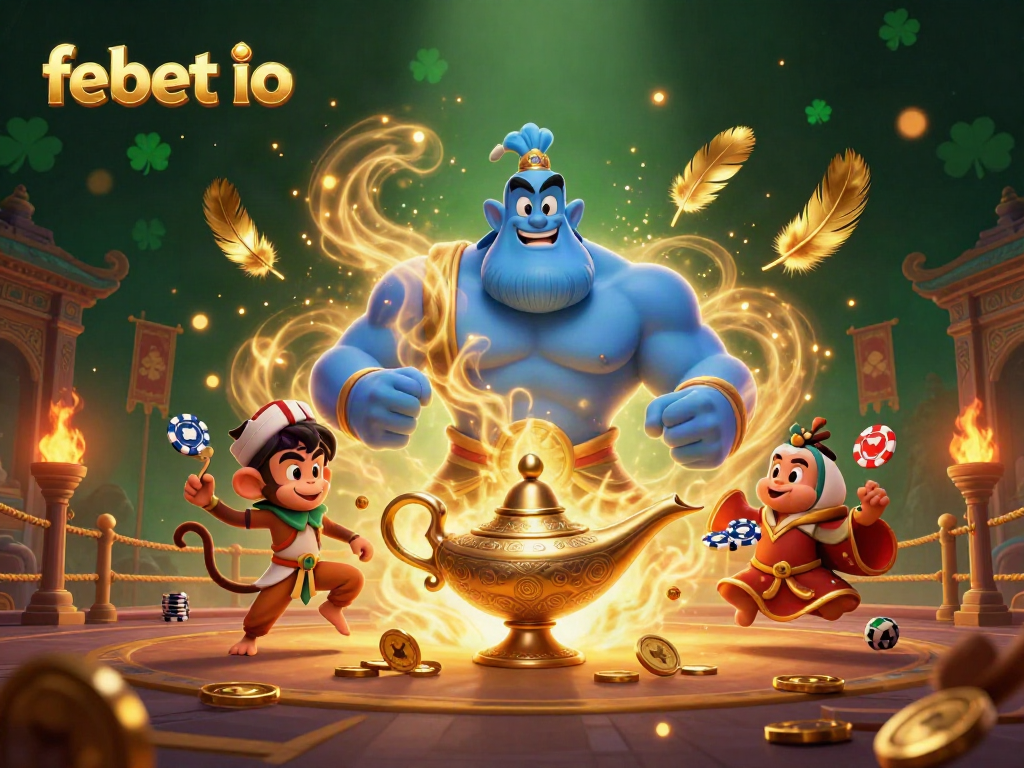 Experience the vibrant charm of febet io with this captivating 3D casino scene featuring a genie and poker chips.