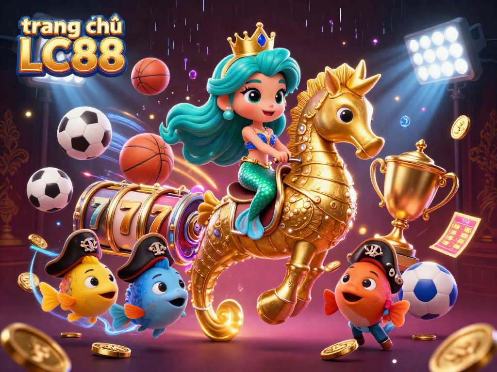 Experience excitement on trang chủ LC88 with a vibrant 3D casino illustration showcasing mermaids and sports elements.