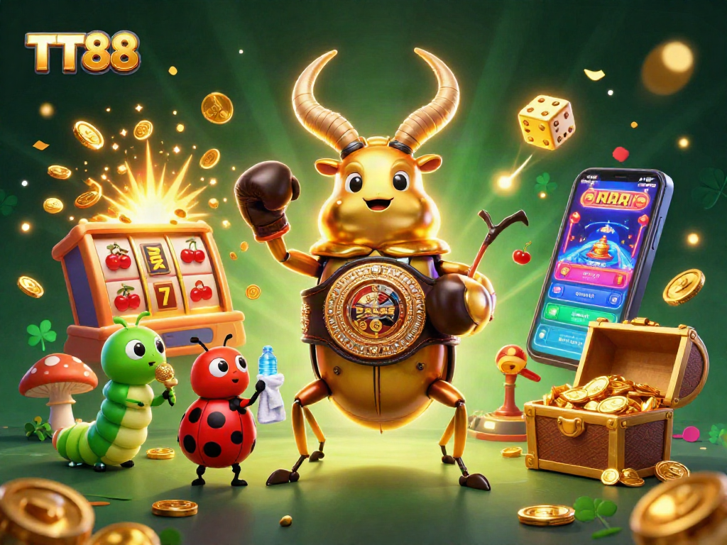 Engage with TT88's thrilling jackpot scene featuring a giant beetle and vibrant casino elements.