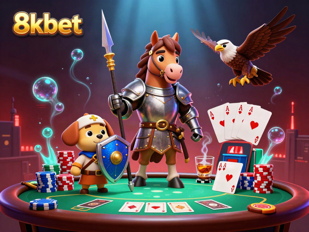 Experience thrilling gaming action with 8xbet in a vibrant casino scene featuring knights and poker elements.
