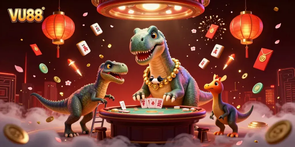 Experience thrilling gameplay at VU88 with a vibrant casino scene showcasing excited characters and festive game elements.