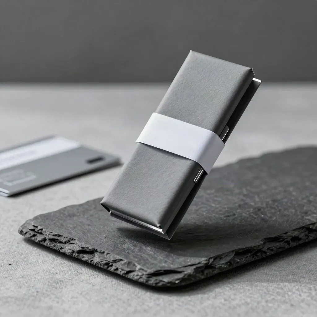 Graphite signal pack hovering over slate with a paper band, divider, and drifting dust.