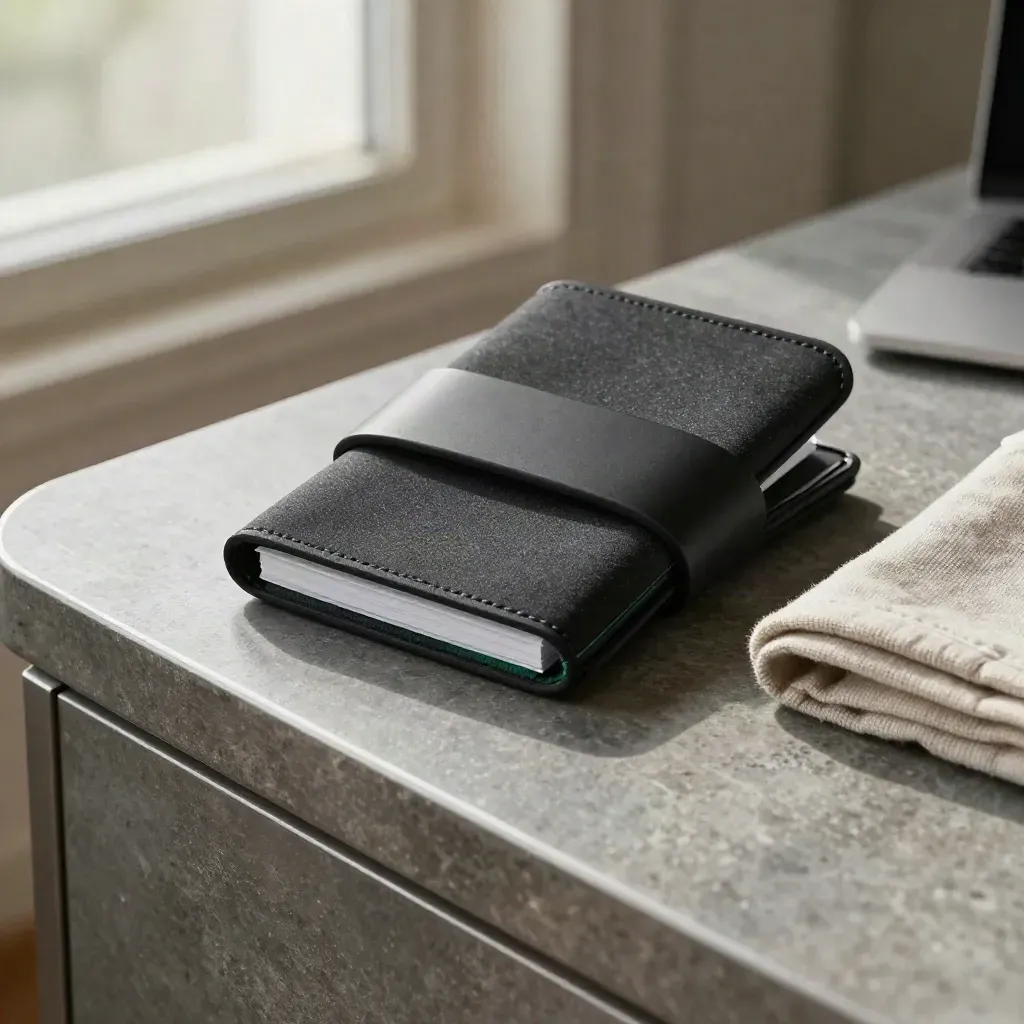 Charcoal trading access sleeve with note pack and folded cloth on a brushed metal edge
