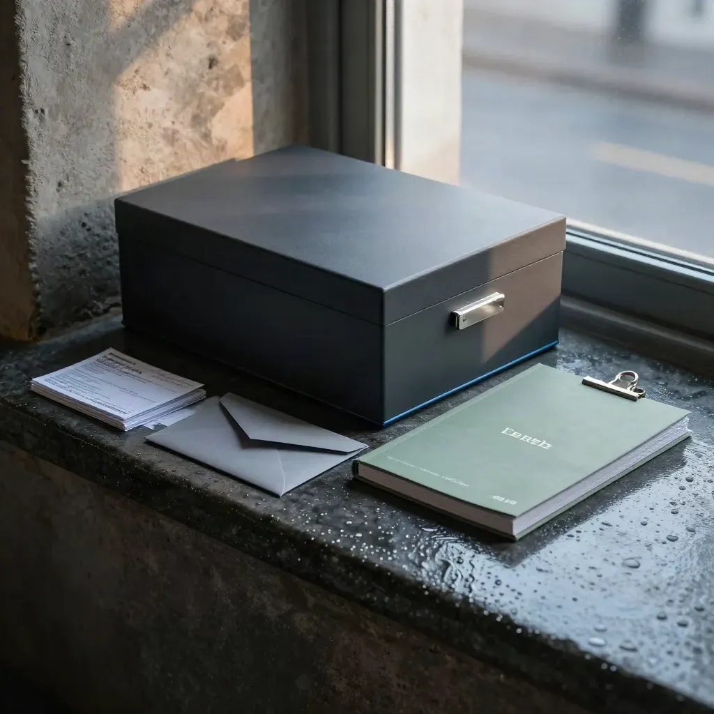 Charcoal trade briefing box with market cards, envelope, guide and clip on a wet stone sill at dawn.