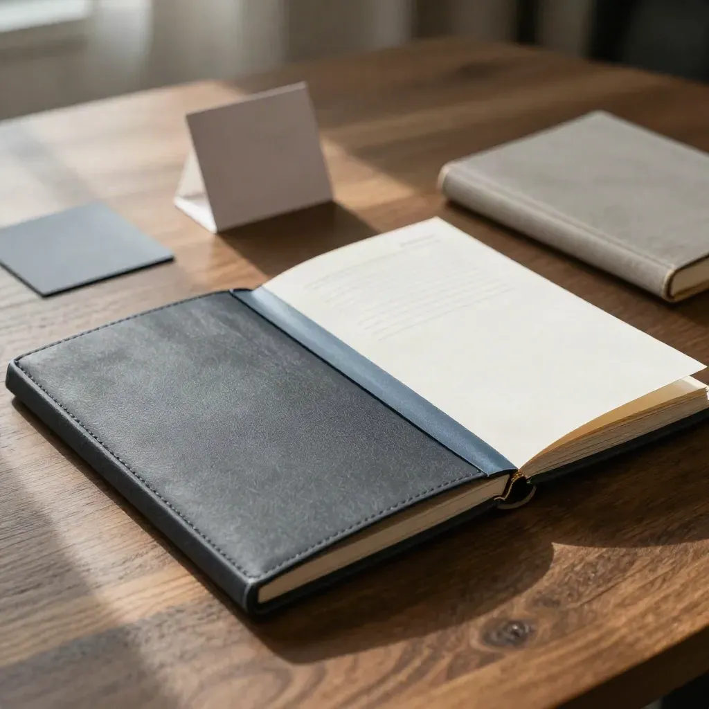 Premium review folio with divider cards and a closed notebook on a dark oak table.