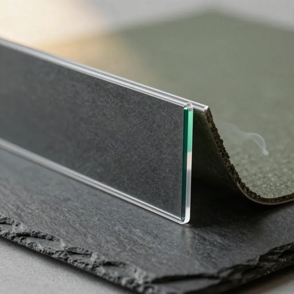Clear risk-stop guide in a translucent band on dark slate with a faint emerald edge glow.