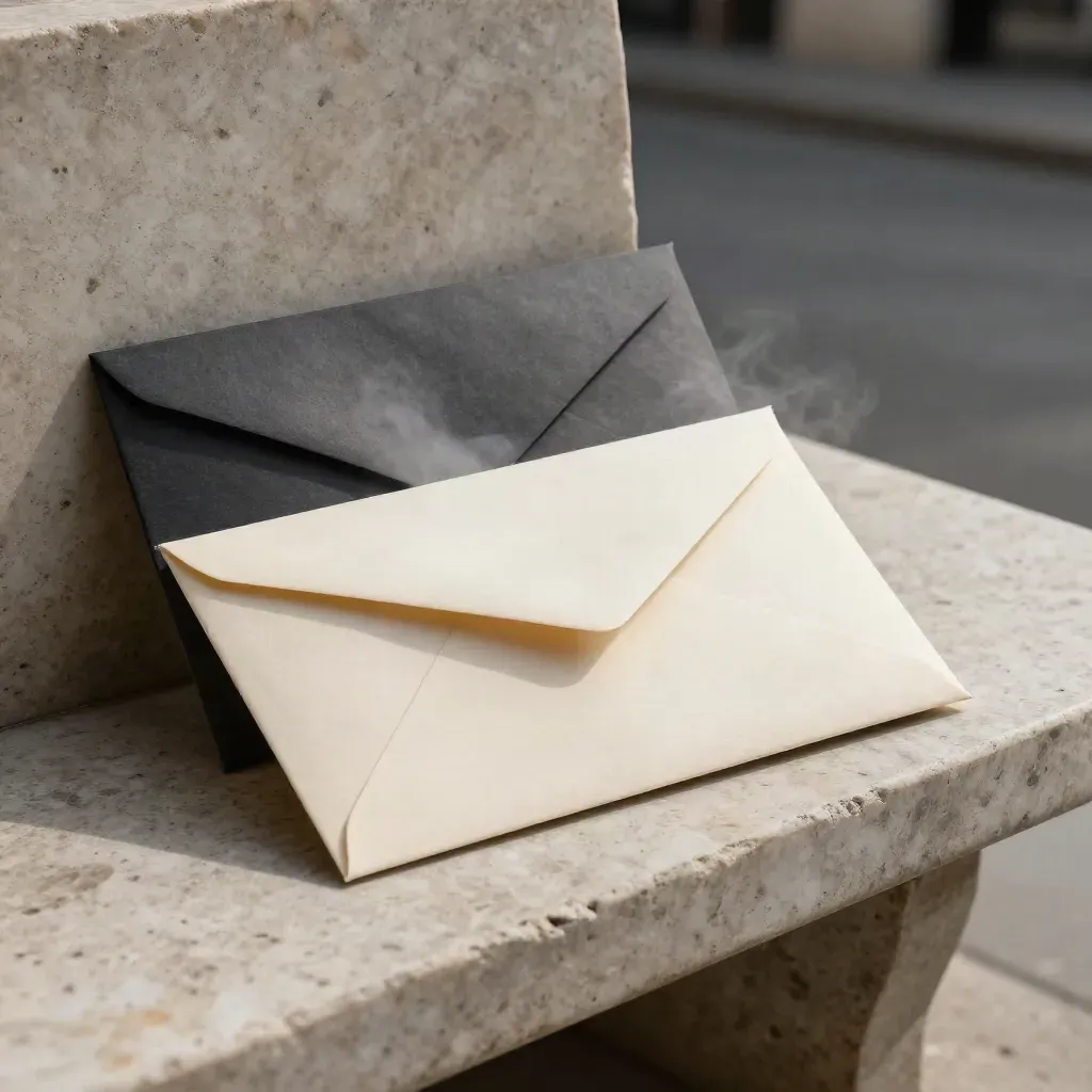 Cream trading brief bundle on a limestone bench in soft morning light, city blur behind.