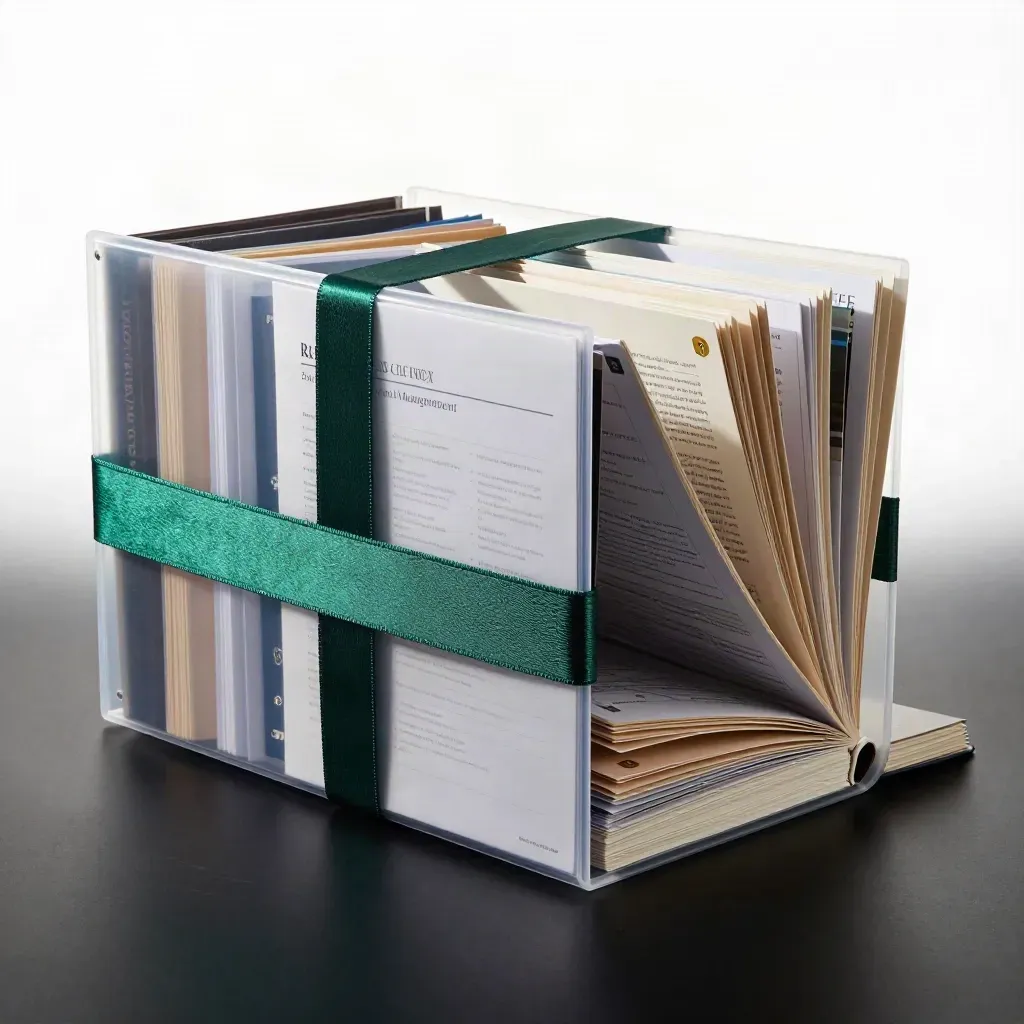 Emerald-banded trading report bundle fanning open on a matte-black surface