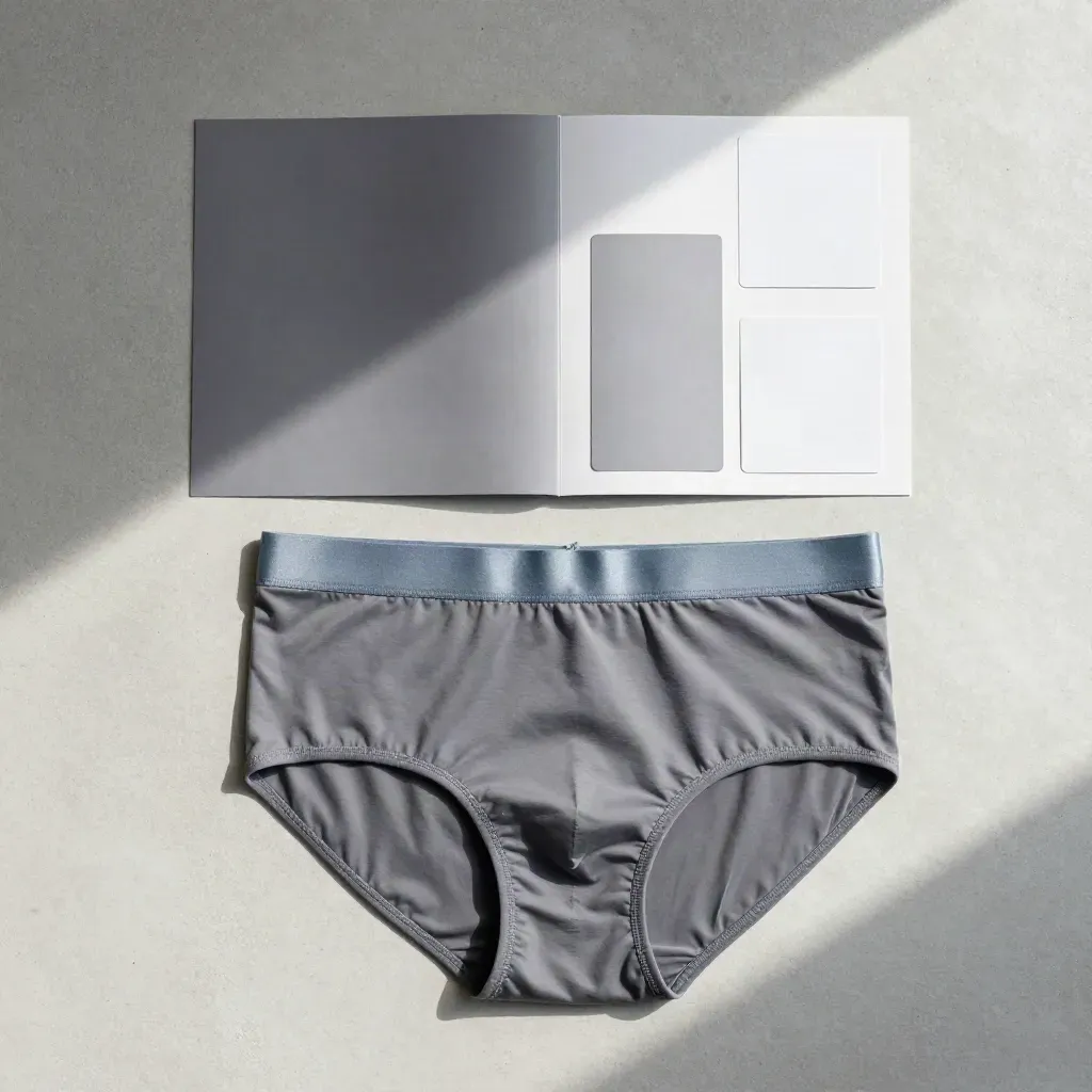 Overhead flatlay of a London Open Brief kit on pale concrete with steel-blue accents.