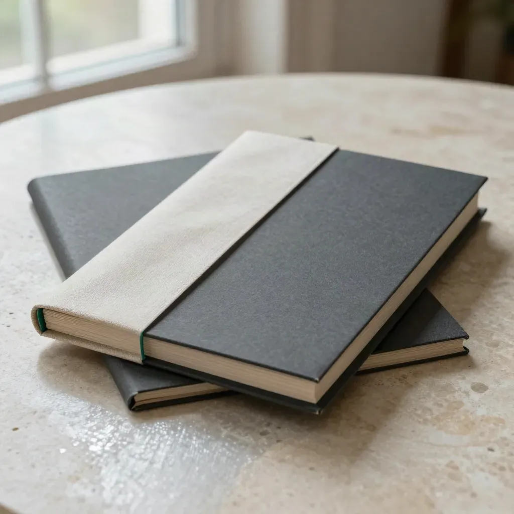 Two FX folios on a brushed stone table with soft daylight and a muted emerald accent.