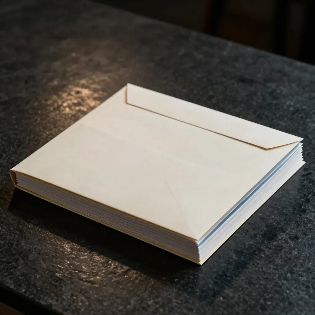 Dark finance folio, divider card, and sealed envelope on a matte-black surface with cool rim light.