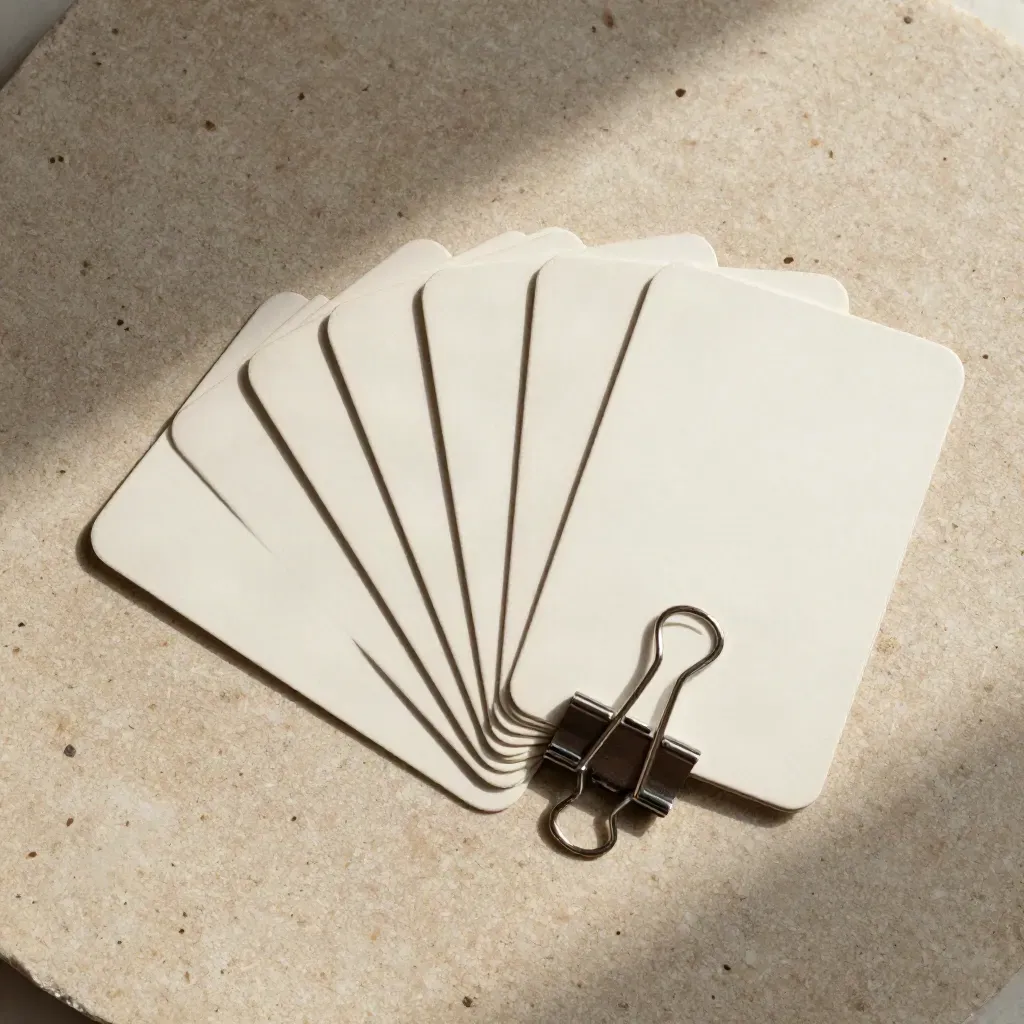 Eight swing setup cards fanned on limestone with a silver clip and paper band, top-down flatlay.
