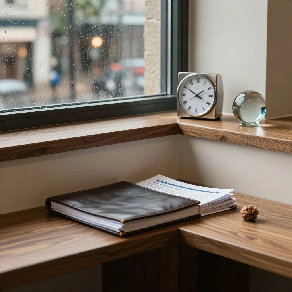 Walnut finance library corner with report folio, rain-streaked window, soft lamps and blurred city lights.