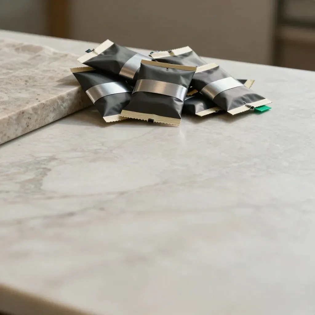 Marble surface with sealed trading packs and a cool emerald sheen in soft light.