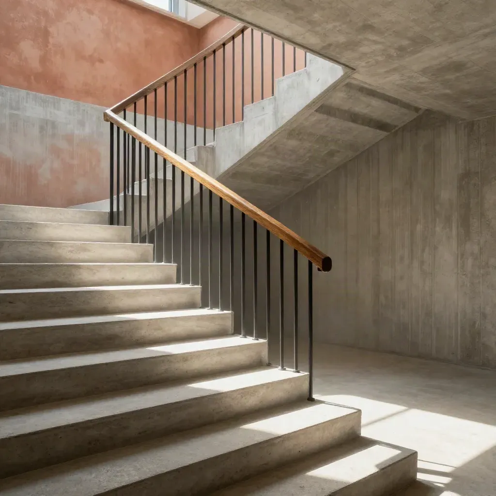 Sunlit concrete stairwell with bright landing, shadowed rails, and calm copy space below