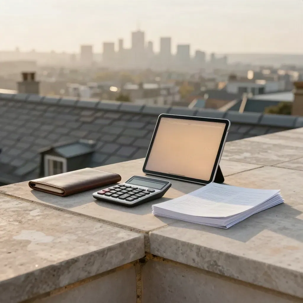 Golden rooftop terrace above UK skyline with trading tools on a stone parapet