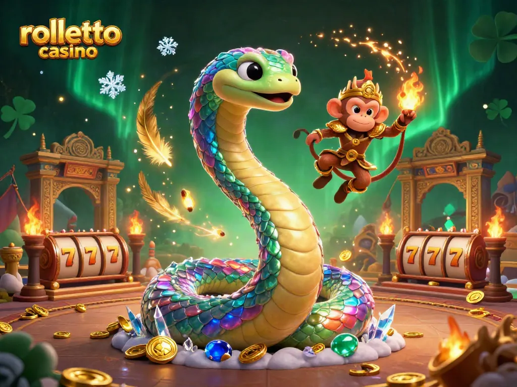 Play at rolletto casino with vibrant 3D art featuring a rainbow serpent and engaging game elements.