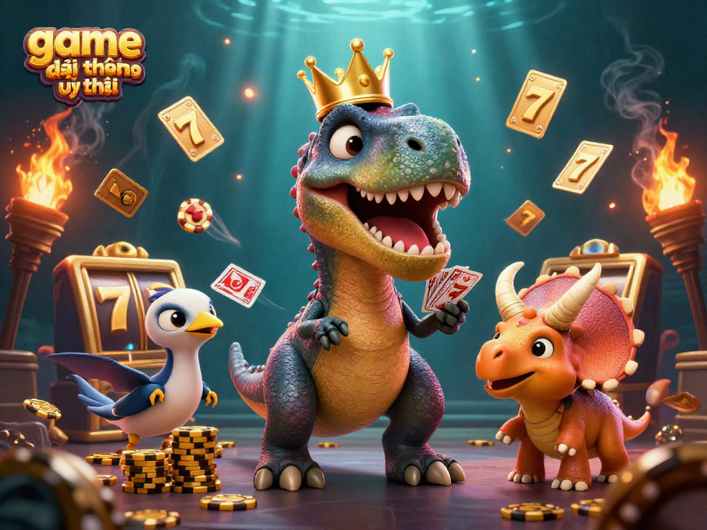 Engage in the thrill of game đổi thưởng uy tín with a T-Rex shuffling cards and stacking chips.