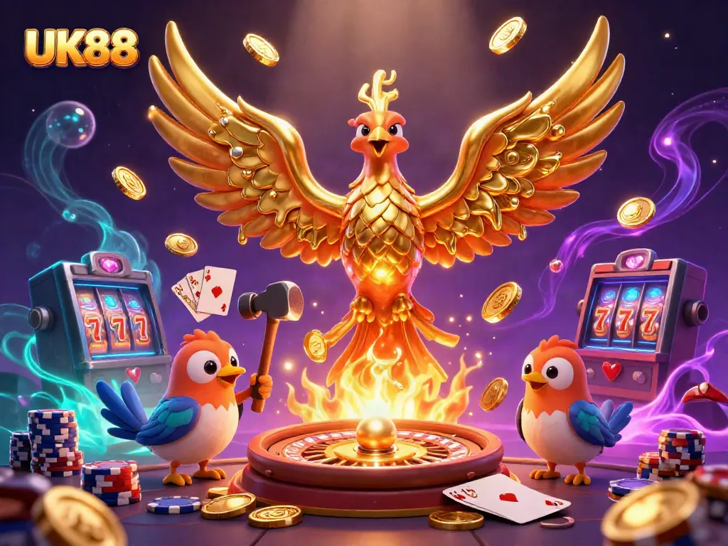 View dynamic and vibrant casino adventure with UK88's golden phoenix and lavish game elements.