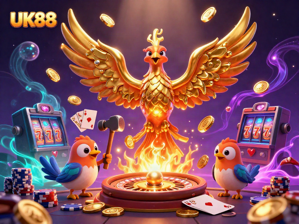 View dynamic and vibrant casino adventure with UK88's golden phoenix and lavish game elements.