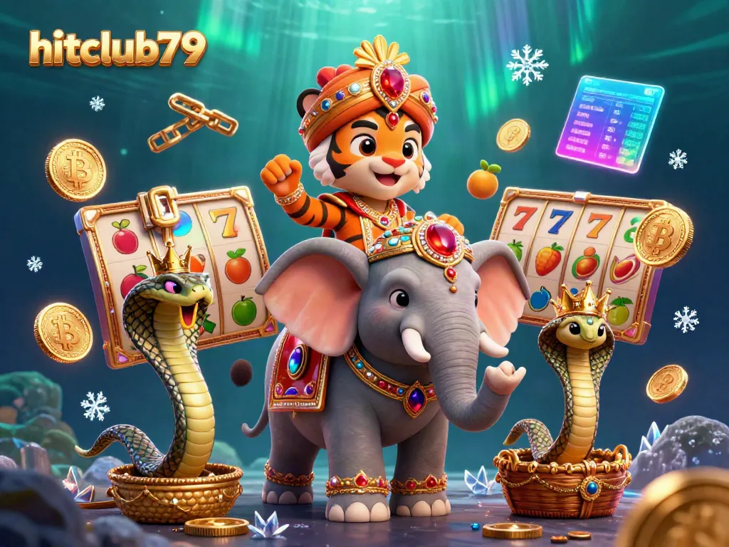 Spin the reels with hitclub79 in a fantastical 3D casino scene featuring vibrant characters and crypto elements.