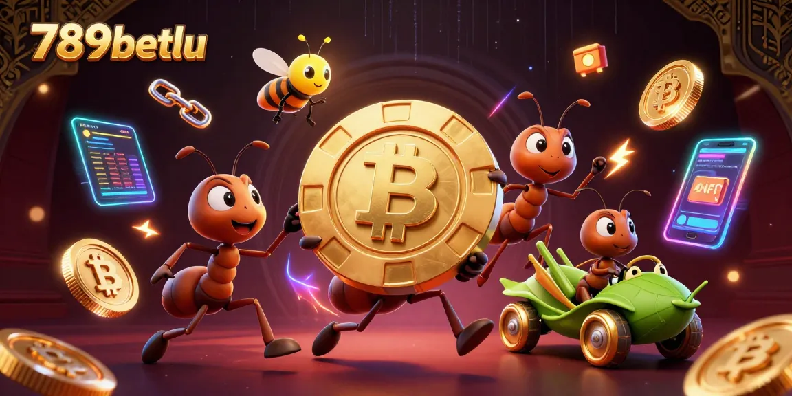 Experience thrilling action with 789betlu as ants carry giant poker chips amid shining crypto coins.