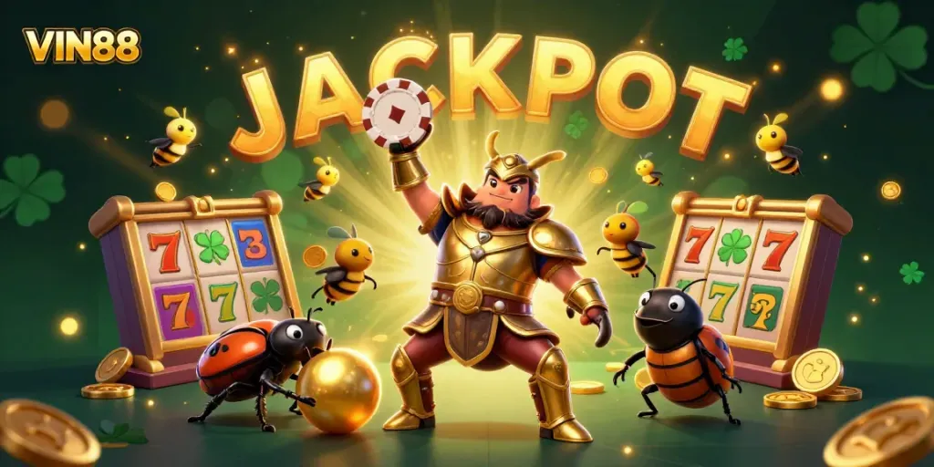 VIN88 thrives with a victorious beetle lifting a poker chip, surrounded by dynamic casino elements.