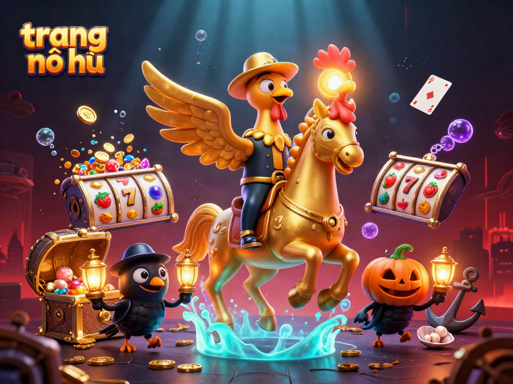 Engage with trang nổ hũ as a golden rooster character rides through a vibrant casino scene.
