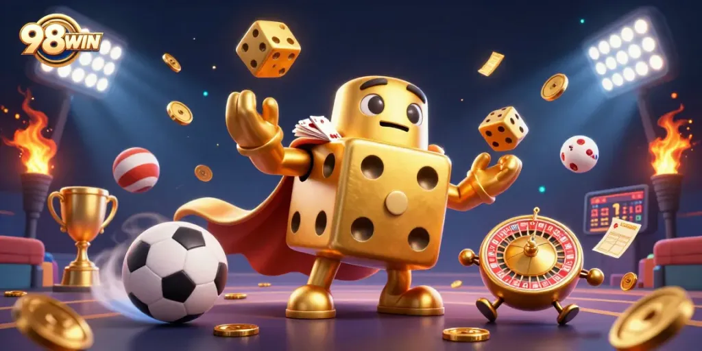 Engage with the thrilling world of 98WIN as golden dice and sports elements create a vibrant casino atmosphere.