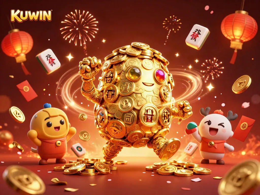 Spin to win with KUWIN and the animated golden golem in an exciting casino scene.